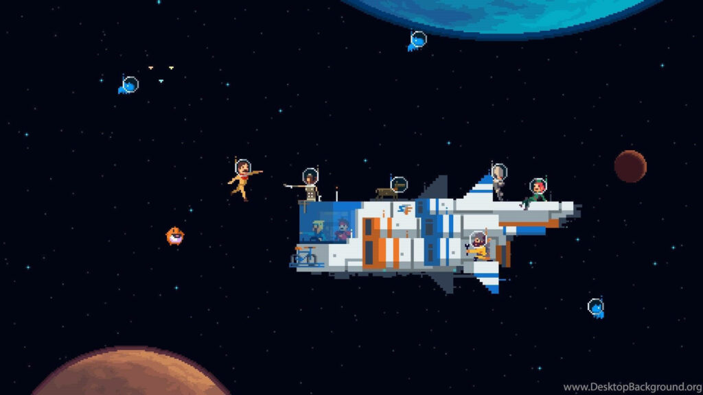 Mission Beyond the Stars: Captivating Pixel Art Spaceship amidst Astronauts and Planetary Surroundings Wallpaper