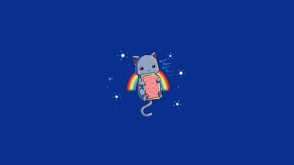 Cartoon pixel pastry cat flying in deep blue space with rainbow trails and scattered stars wallpaper
