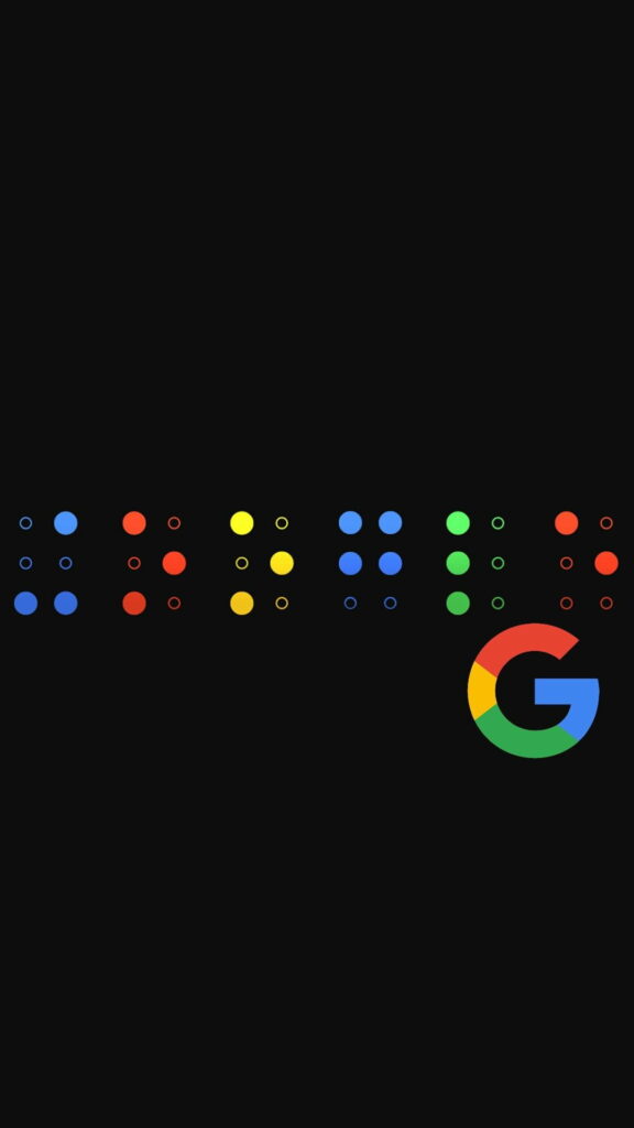 Minimalist HD phone wallpaper with vibrant Google G logo and colorful abstract dots on black background