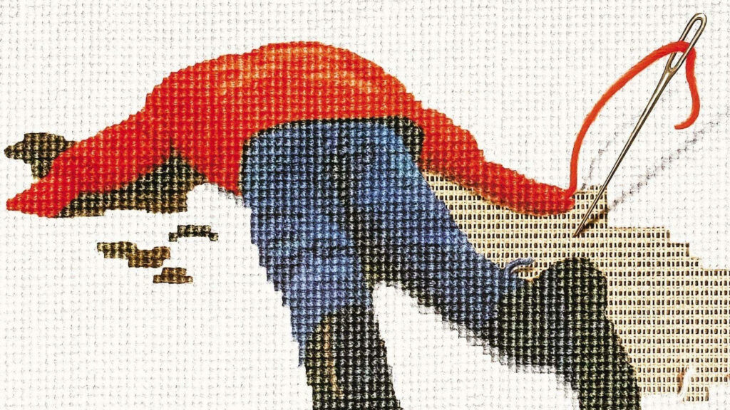 Pixelated Fargo-inspired cross-stitch style wallpaper with figure in red jacket lying in snow