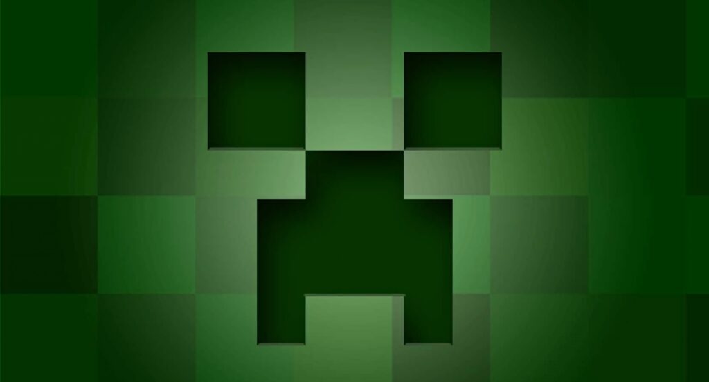 Minecraft Creeper pixelated face wallpaper with green gradient square patterns background