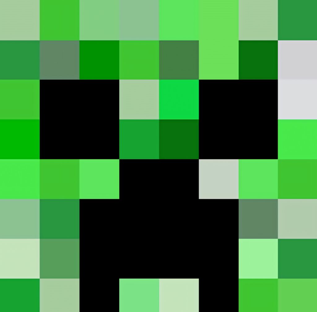 Pixelated Minecraft Creeper face wallpaper vibrant green mosaic retro game background design