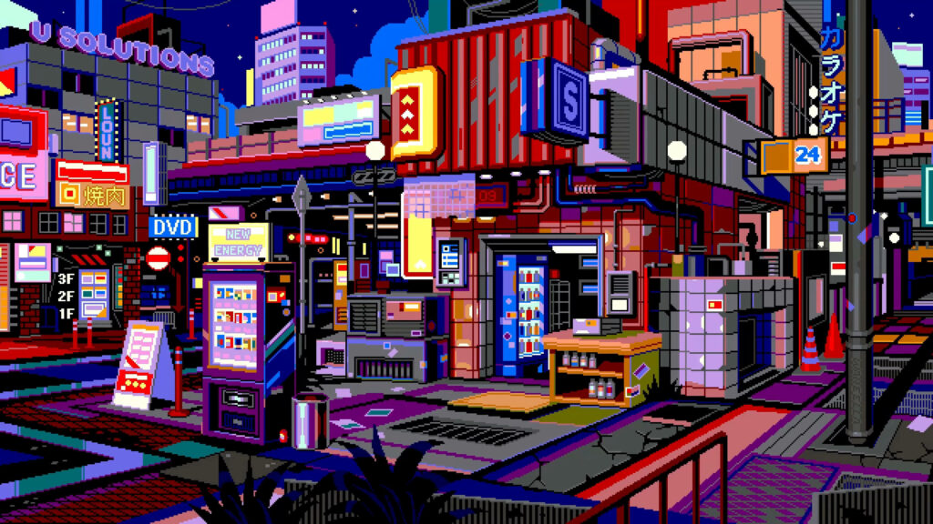 Pixelated Nostalgia: Exploring the Quirky Charm of a 3D 8-Bit Japanese Convenience Store Wallpaper