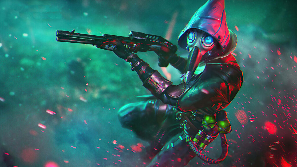 Infected Warrior: Free Fire Character in Plague Doctor Mask Reigns Supreme amid Abstract Battlefield Wallpaper