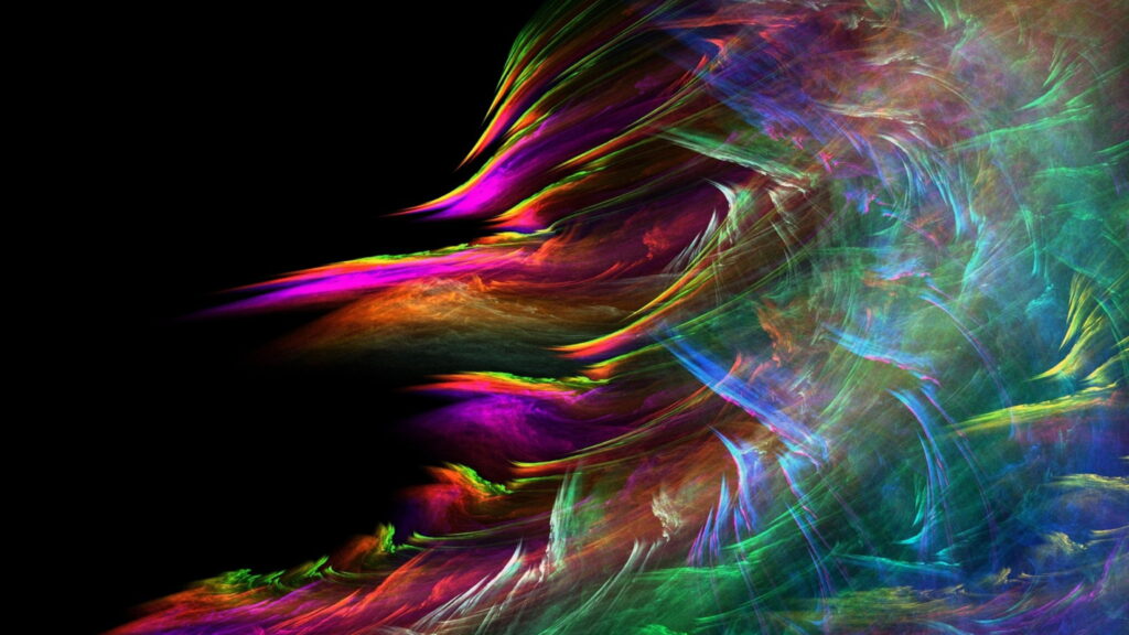 4K plasma fractal wallpaper with vibrant rainbow wisps on black cosmic background digital display