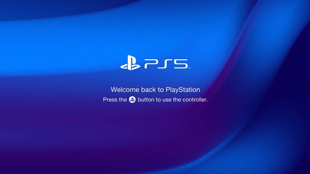 PlayStation 5 welcome screen wallpaper with PS5 logo on deep blue gradient minimalist background