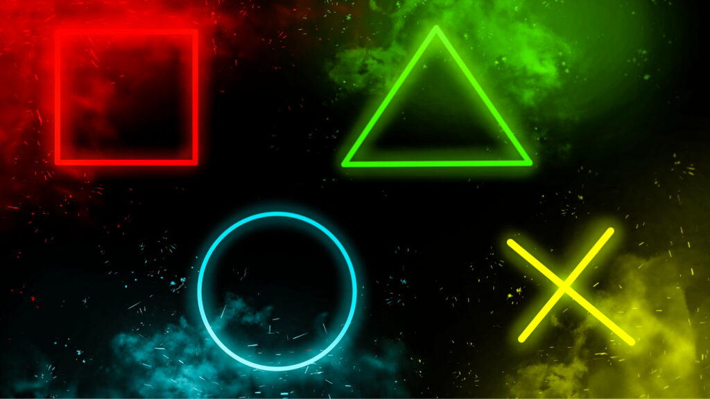 The Neon Console Trilogy: A Vibrant HD Wallpaper featuring PlayStation's Iconic Shapes