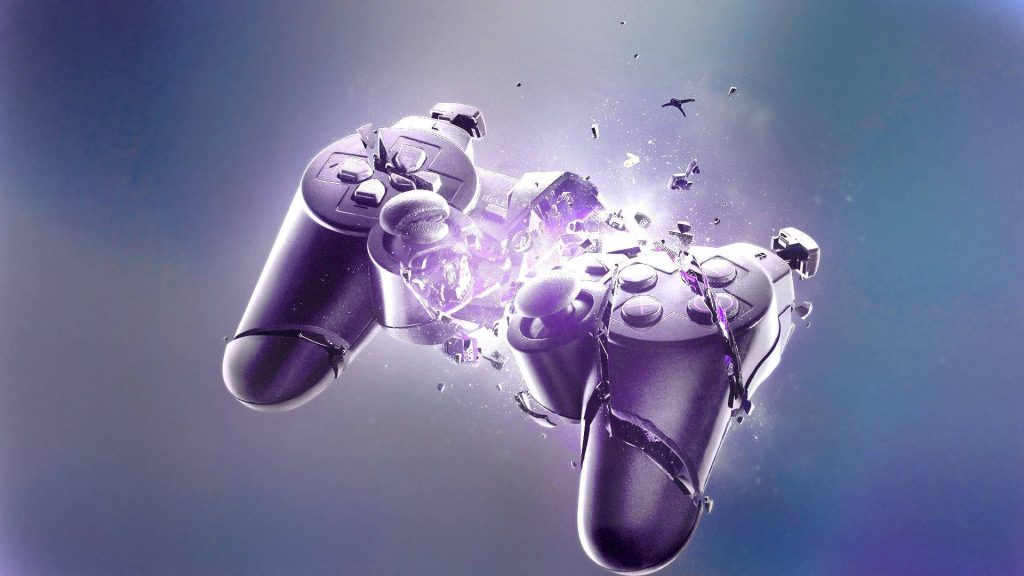 PlayStation DualShock controller breaking into fragments with violet glow and energy particles wallpaper