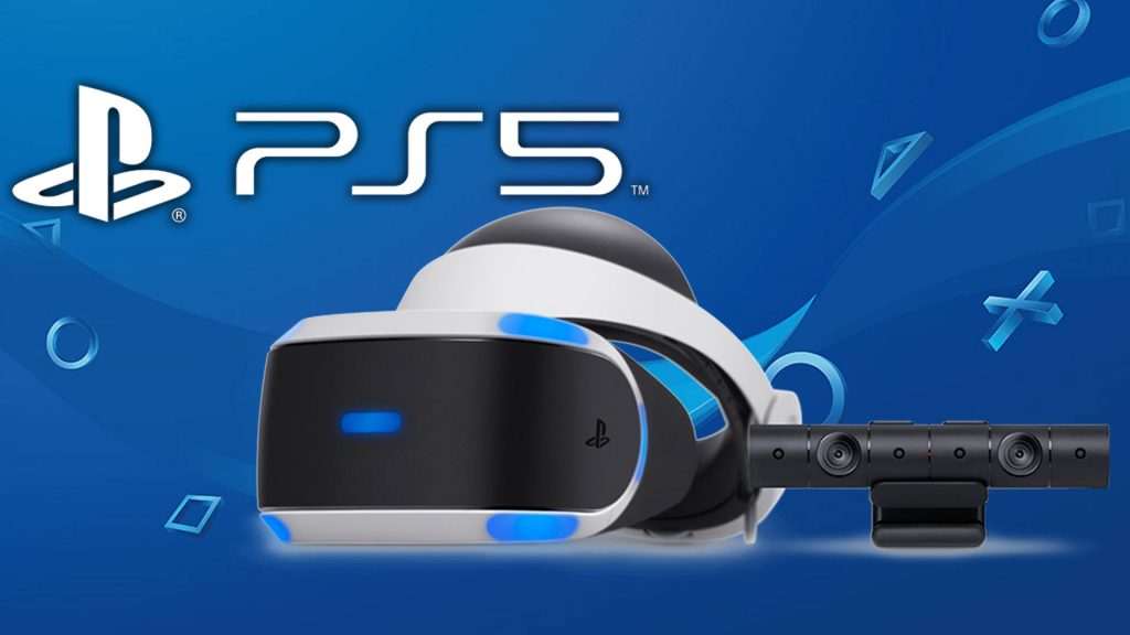 PlayStation wallpaper with original PS VR headset tracking camera vibrant blue PS5 logo background