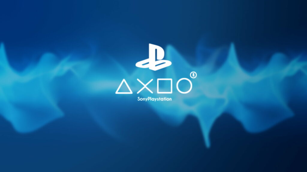 Sony PlayStation wallpaper with glowing PS logo and controller icons on dynamic blue background