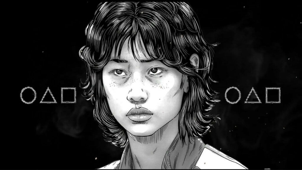 Dramatic Sketch of Squid Game's Player 067 in Monochrome Harmony Wallpaper