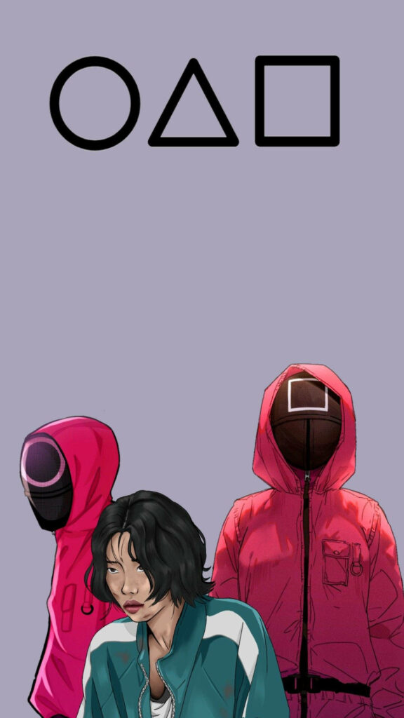 Aesthetic Symbolism: Netflix Squid Game's Enchanting Portrait of Player 067 Embracing Pink Guards and Geometric Elements Wallpaper