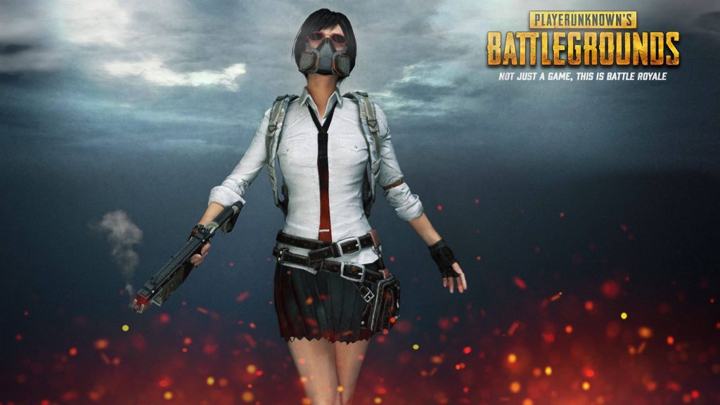 Tactical female PUBG character in gas mask with smoking weapon on fiery stormy battlefield background Wallpaper