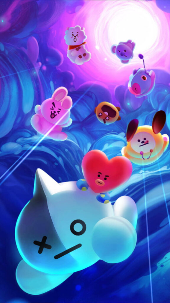 Adorable BT21 Characters Playfully Falling Amidst a Dynamic Background Wallpaper