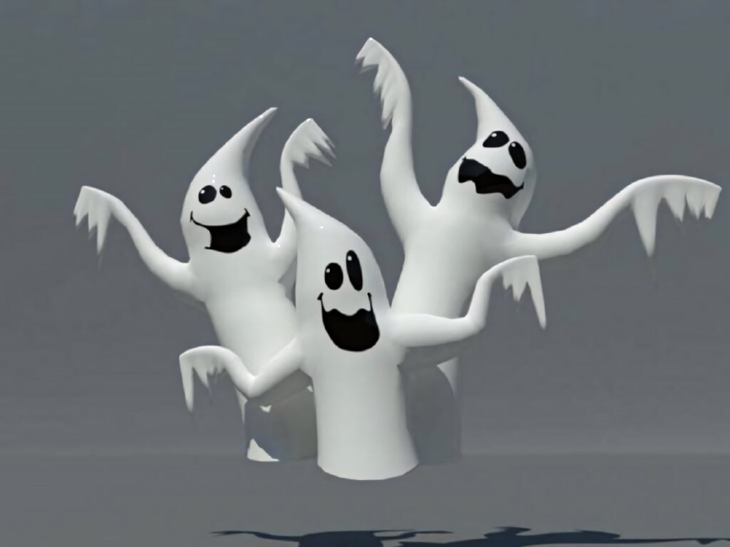 3D playful trio of smiling ghosts in animated poses for fun spooky ghost wallpaper background