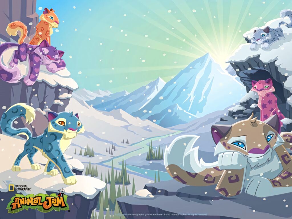 Playful Animal Jam characters exploring snowy mountain with sparkling ice and animal friends Wallpaper