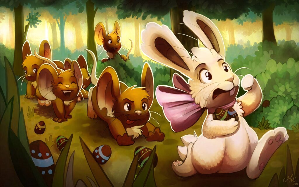 Animal Jam white rabbit with pink bow leads energetic rabbits through sunlit forest with decorated eggs Wallpaper