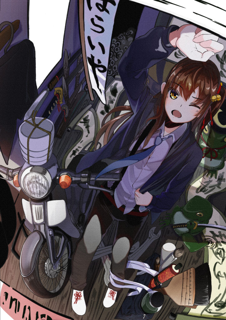 Playful Girl in Garage with Bike: Lively Anime Wallpaper