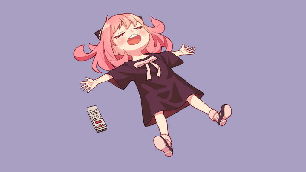 Playful Anya Forger Wallpaper: Relaxed Anime Charm in Purple