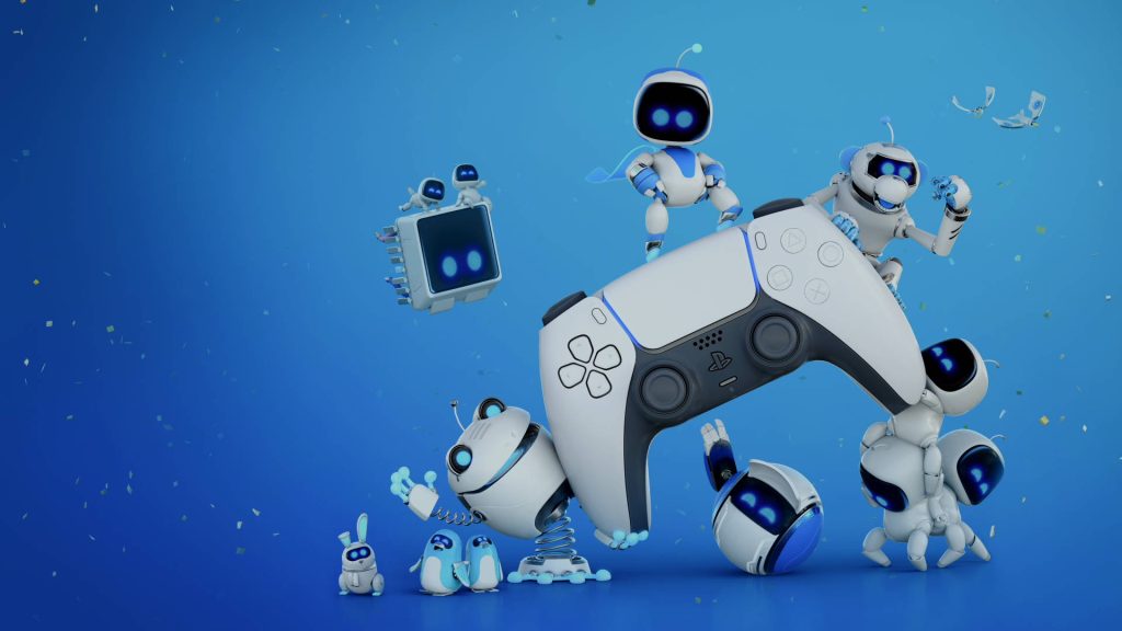 Astro Bot characters play with white PS5 DualSense controller on blue confetti background wallpaper