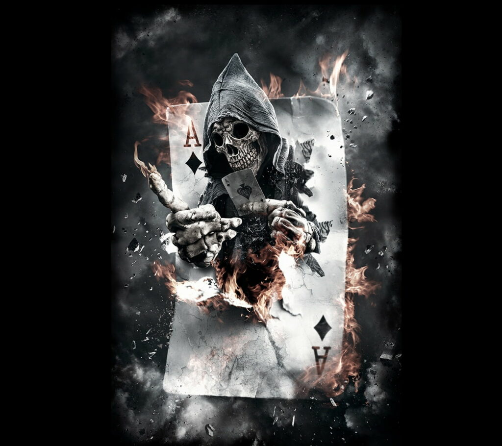 Immersion in an Enigmatic Game: A Bold and Mysterious HD Wallpaper Background - Fire, Skull, Cards Game