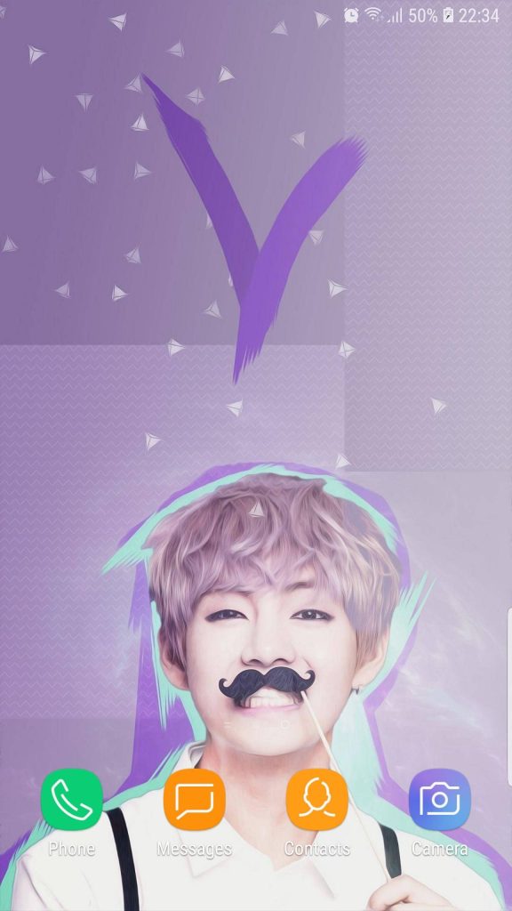 BTS Android wallpaper of cartoon Kim Taehyung V with mustache on vibrant purple geometric background
