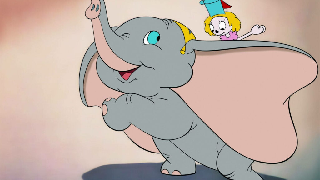 Baby Dumbo wallpaper with large ears and cheerful smile in soft pastel cartoon style background