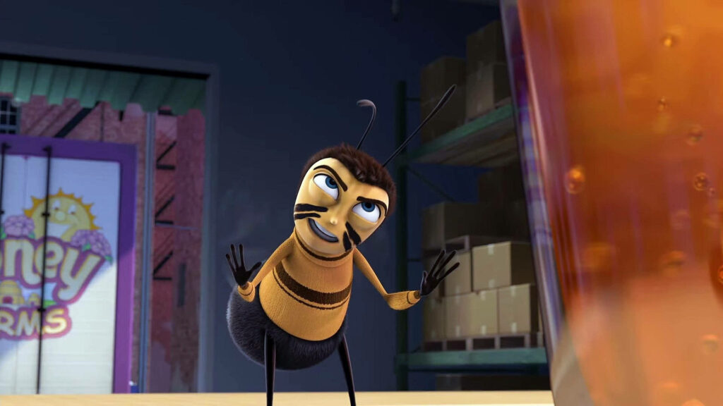 Playful Animated Bee in Storage Area with Colorful Background Wallpaper