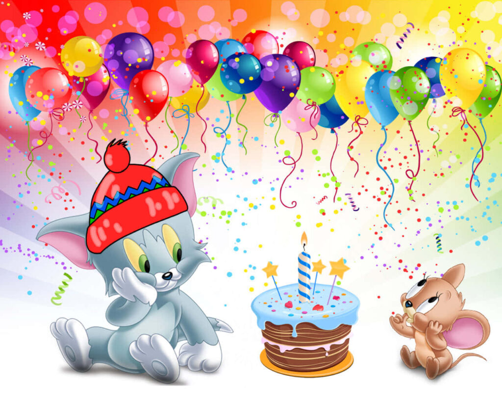 Playful Cat & Mouse Birthday Scene with Balloons and Confetti Background Wallpaper