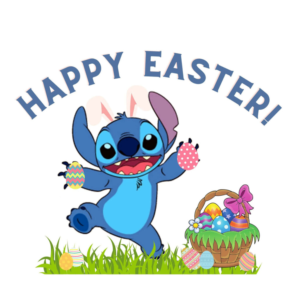 Joyful Easter Wallpaper: Blue Character with Colorful Decorated Eggs