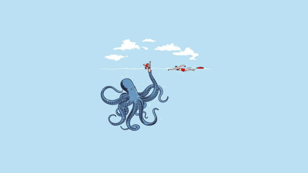 Playful Blue Octopus Cartoon Wallpaper with Whimsical Calamari