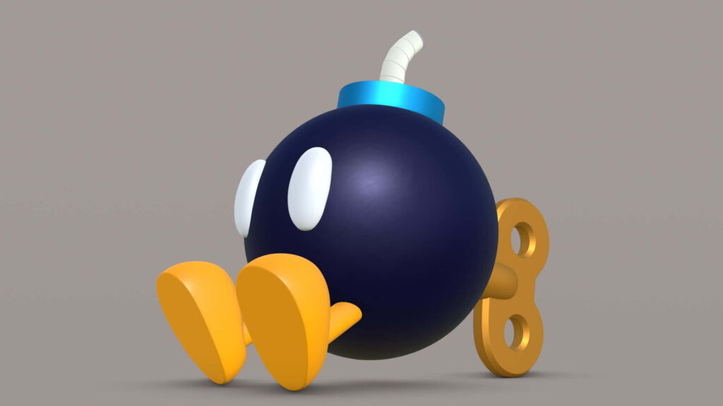 Bob-omb from Super Mario with classic wind-up design bright colors playful expression wallpaper