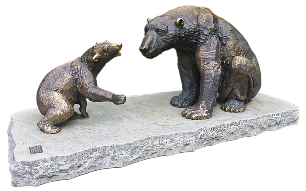 Bronze Bear Sculpture Wallpaper: Playful Interaction on Stone Base