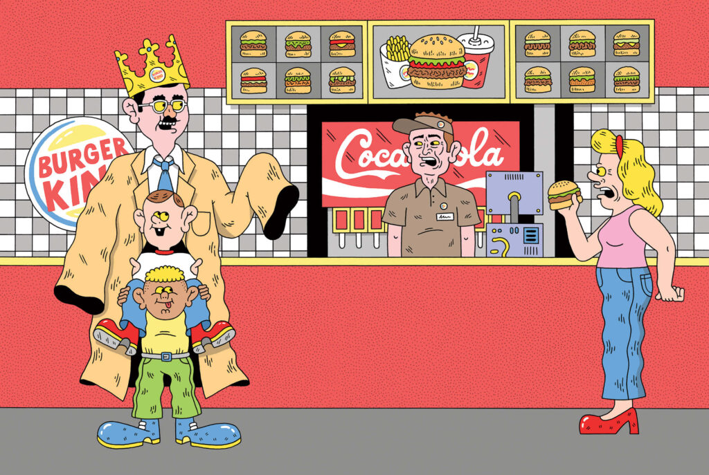 Playful Burger King wallpaper with cartoon characters, bold colors, burgers, and soda fun