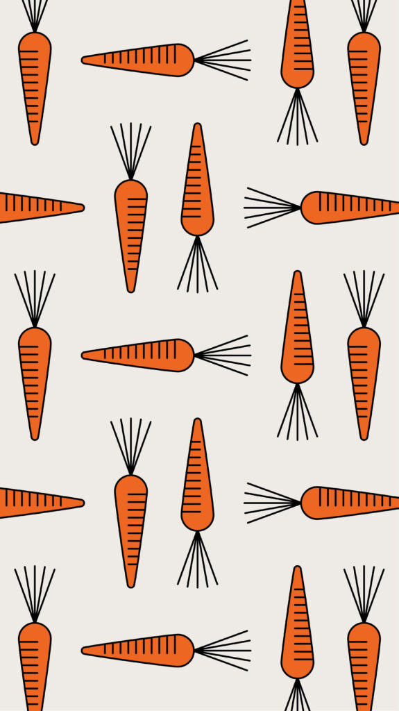 Seamless carrot pattern wallpaper with orange carrots and black tops on white background for kitchen decor