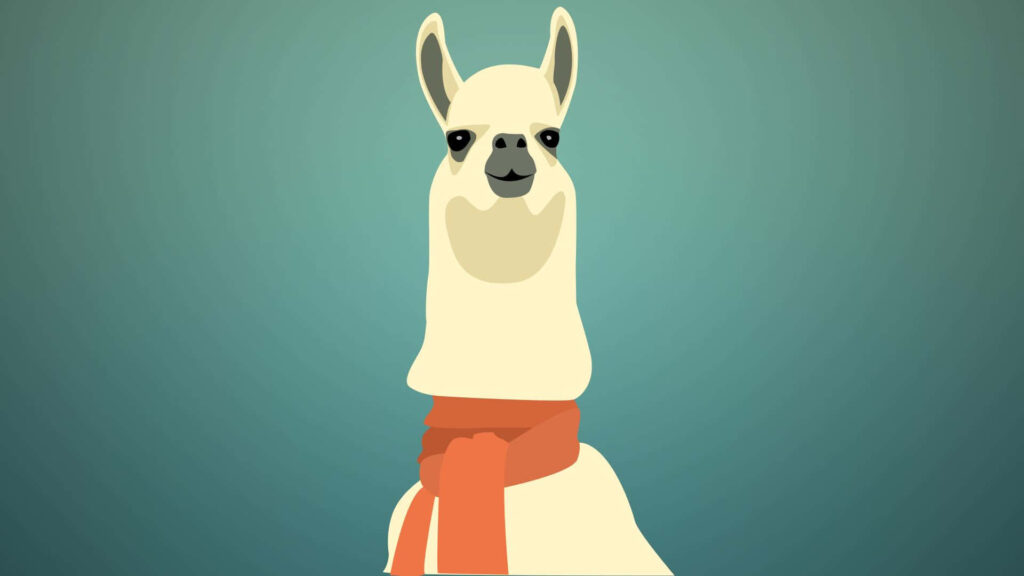 Cartoon alpaca with red scarf on green background funny charming meme laptop wallpaper
