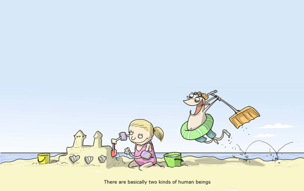 Playful Cartoon Beach Scene: Sandcastle vs. Joyful Jumper Wallpaper