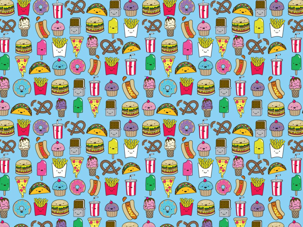 Playful Cartoon Fast Food Digital Wallpaper on Bright Blue Background