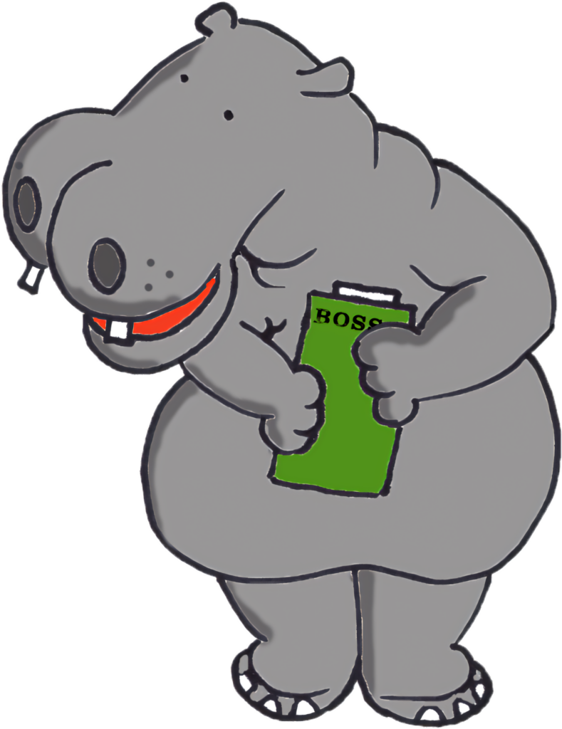 Whimsical Animated Hippo Holding 'Boss' Book - Playful Wallpaper