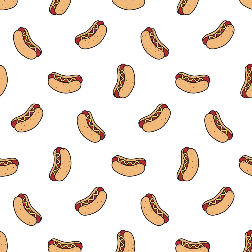Playful seamless hot dog pattern with mustard and ketchup on white background wallpaper