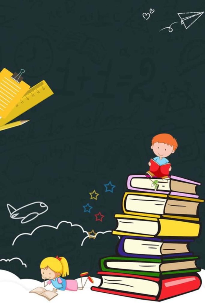 Playful cartoon wallpaper with kids reading on books chalkboard background school doodles stars