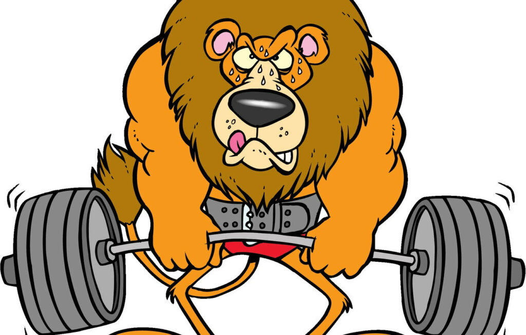 Playful Cartoon Lion Weightlifting Wallpaper for Fun Screen Background