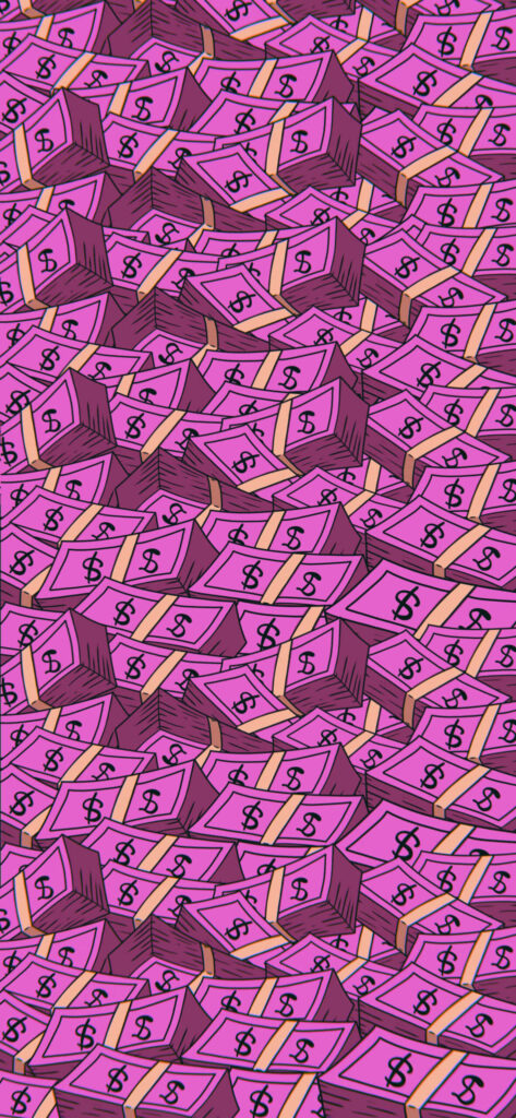 Cartoon money bills pattern wallpaper with vibrant purple background financial design fun energy