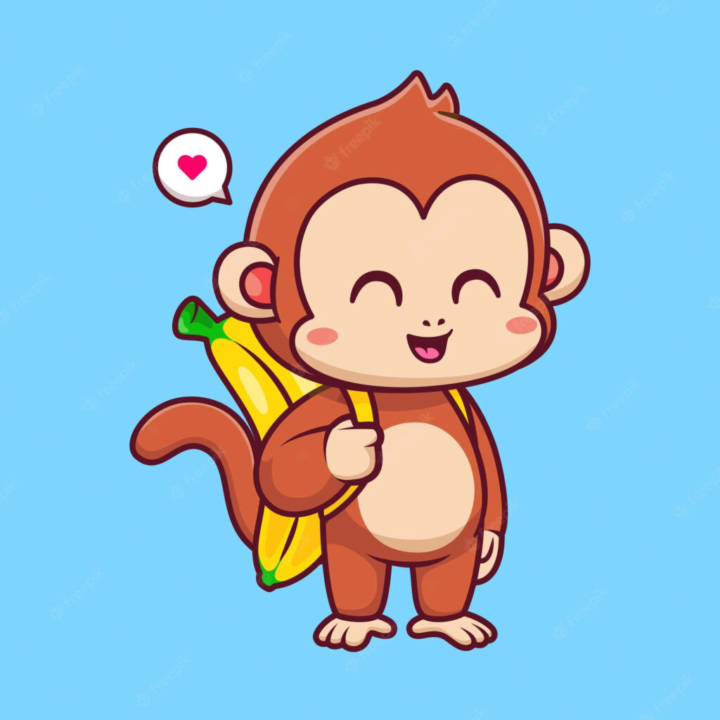 Cheerful Cartoon Monkey Smiling with Banana on Shoulder - Playful Vibe Wallpaper