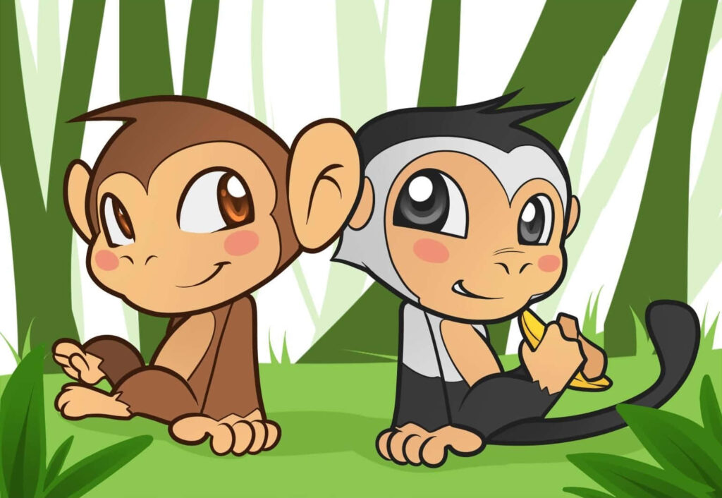 Playful Cartoon Monkeys on Vibrant Green Wallpaper Adventure