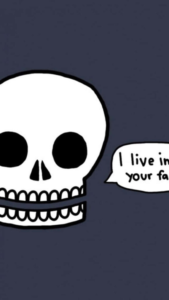 Playful Cartoon Skull Wallpaper: 'I Live in Your Face' Design