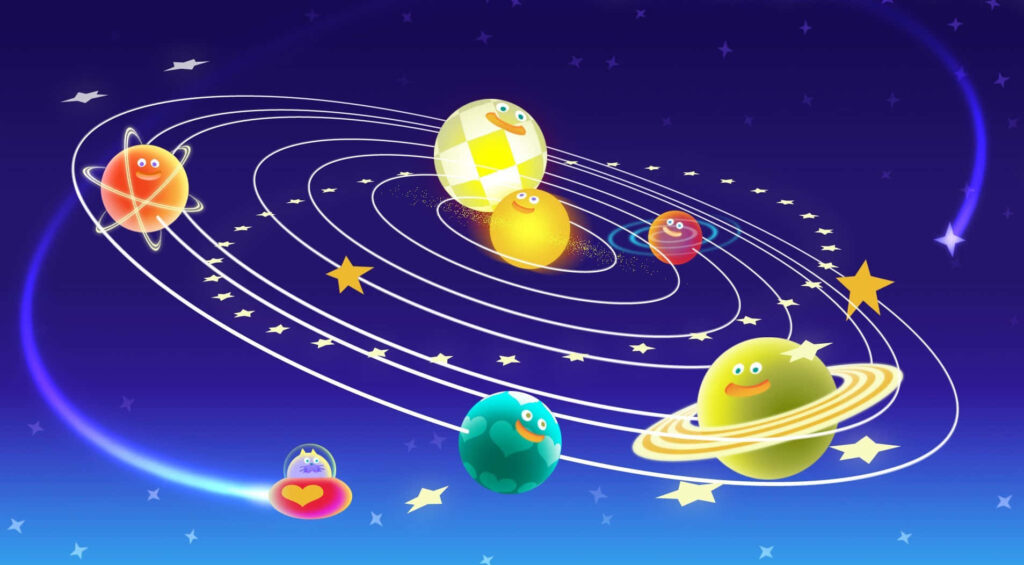 Playful Solar System Wallpaper: Smiling Planets & Stars Design