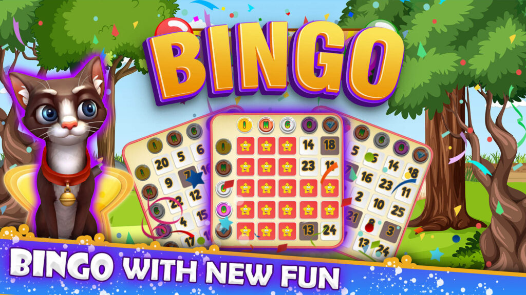 Playful cat next to vibrant bingo cards under bright trees lively classic bingo wallpaper background