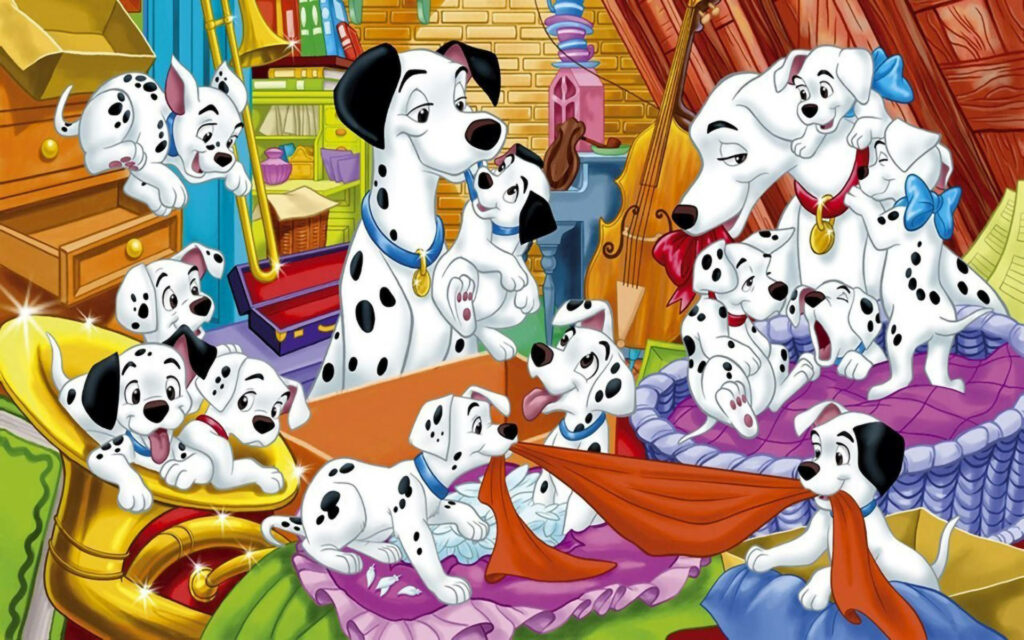 Musical Mayhem: A Joyous Adventure with the 101 Dalmatians in a Melodic Storage Wonderland Wallpaper