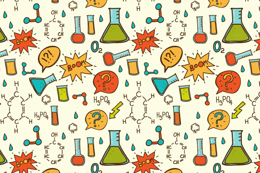 Colorful hand-drawn chemistry icons and formulas pattern on light background science wallpaper